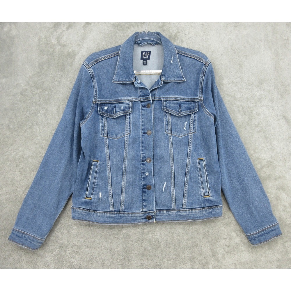 Gap Jean Jacket Womens Size L Stretch Denim Trucker Pockets Medium Wash Blue